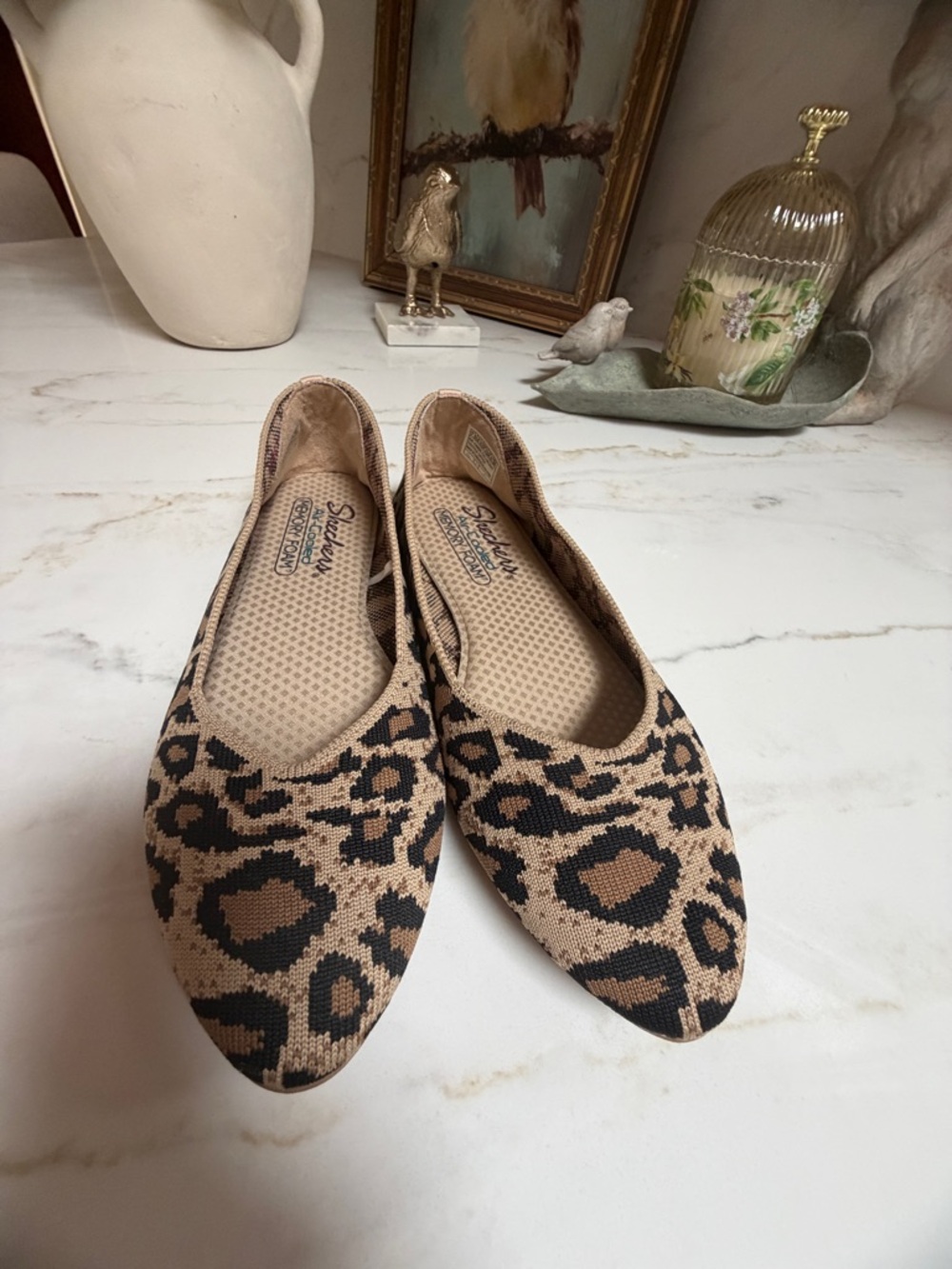 Skechers Women's Leopard Knit Slip-On Flats in Tan and Black